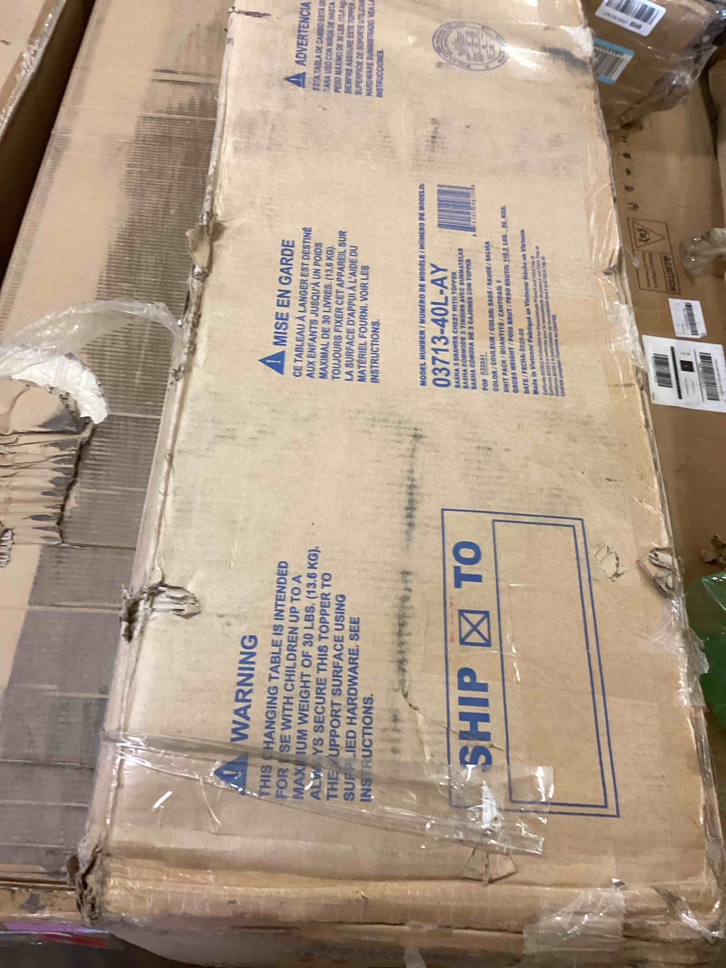 Condition photo showing As Is for sasha 3 drawer chest with changing topper, sage