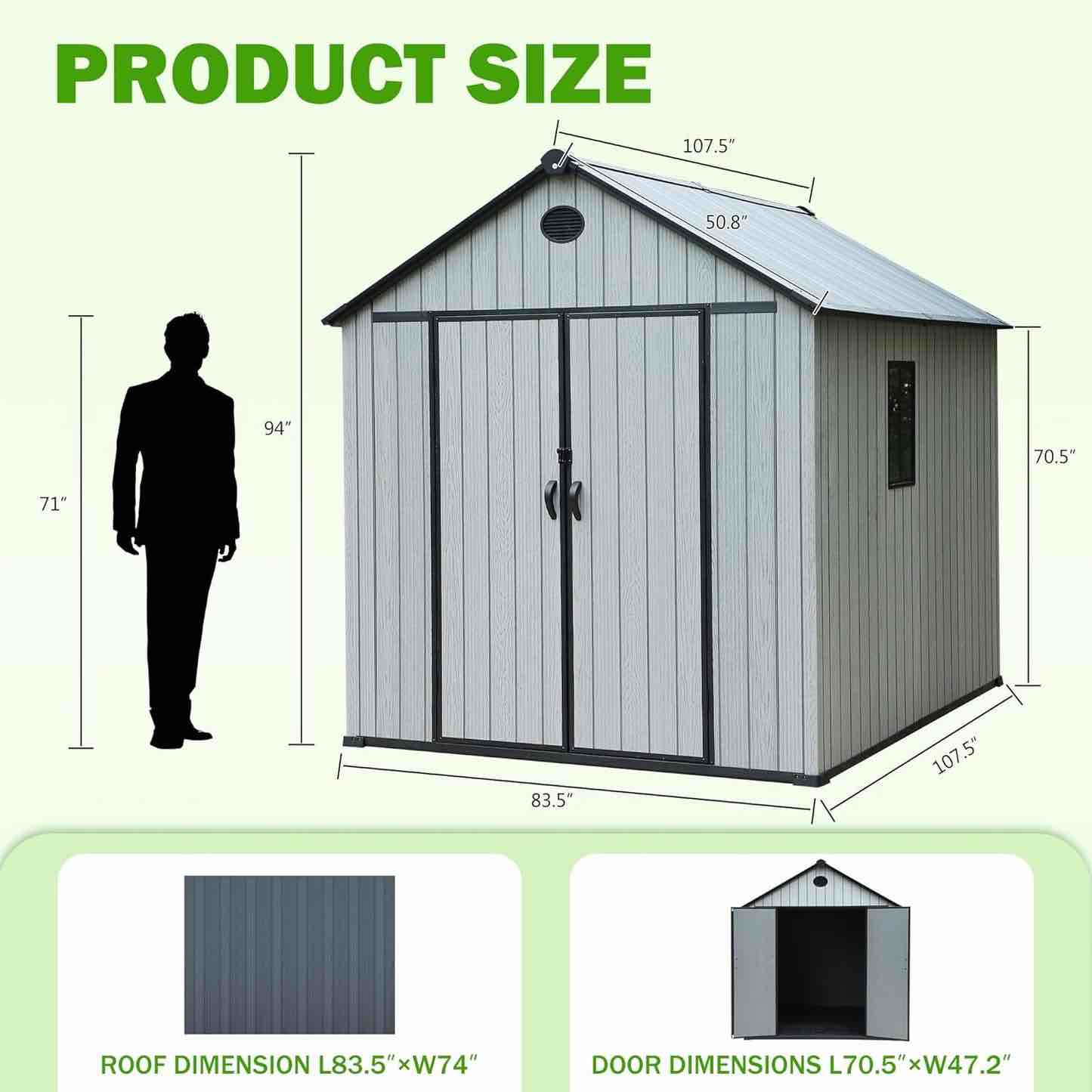 YOCONYO 9×7 FT Outdoor Storage Shed, Large Backyard Sheds with Door, All-Weather Plastic Shed with Window, Vents, for Backyard, Patio, Lawn (9×7 FT) (incomplete only Box B) 