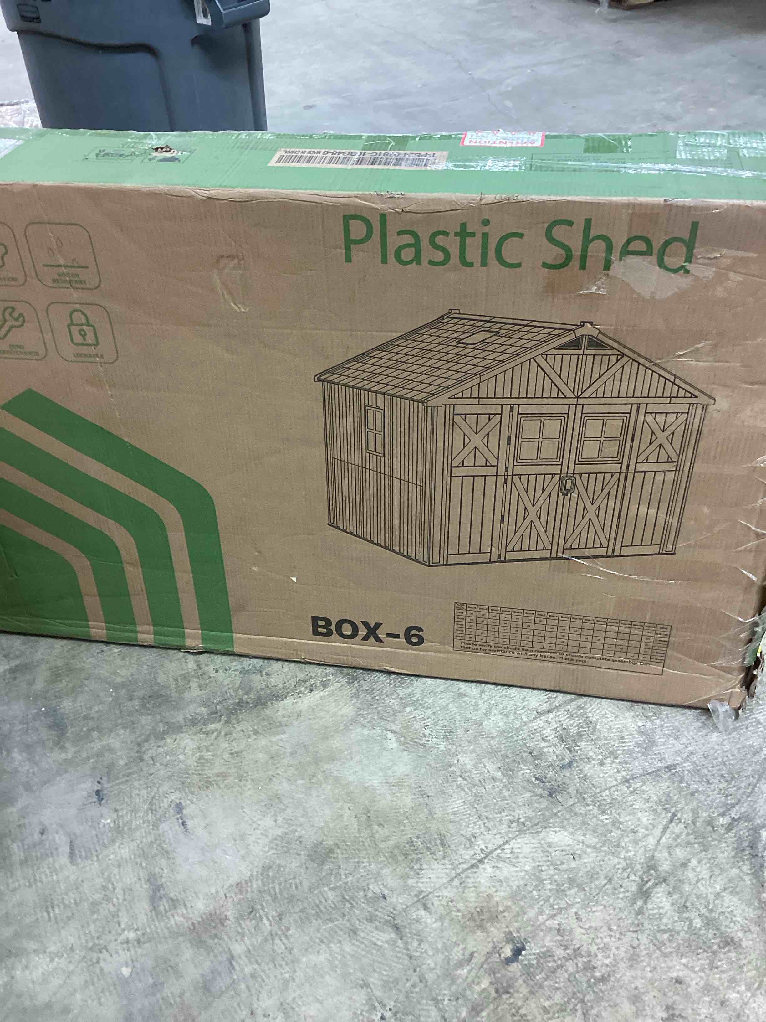 Condition photo showing Good Condition for 10 ft. w x 12 ft. d plastic storage shed with floor, resin shed ( incomplete 2 boxes of 6 only)