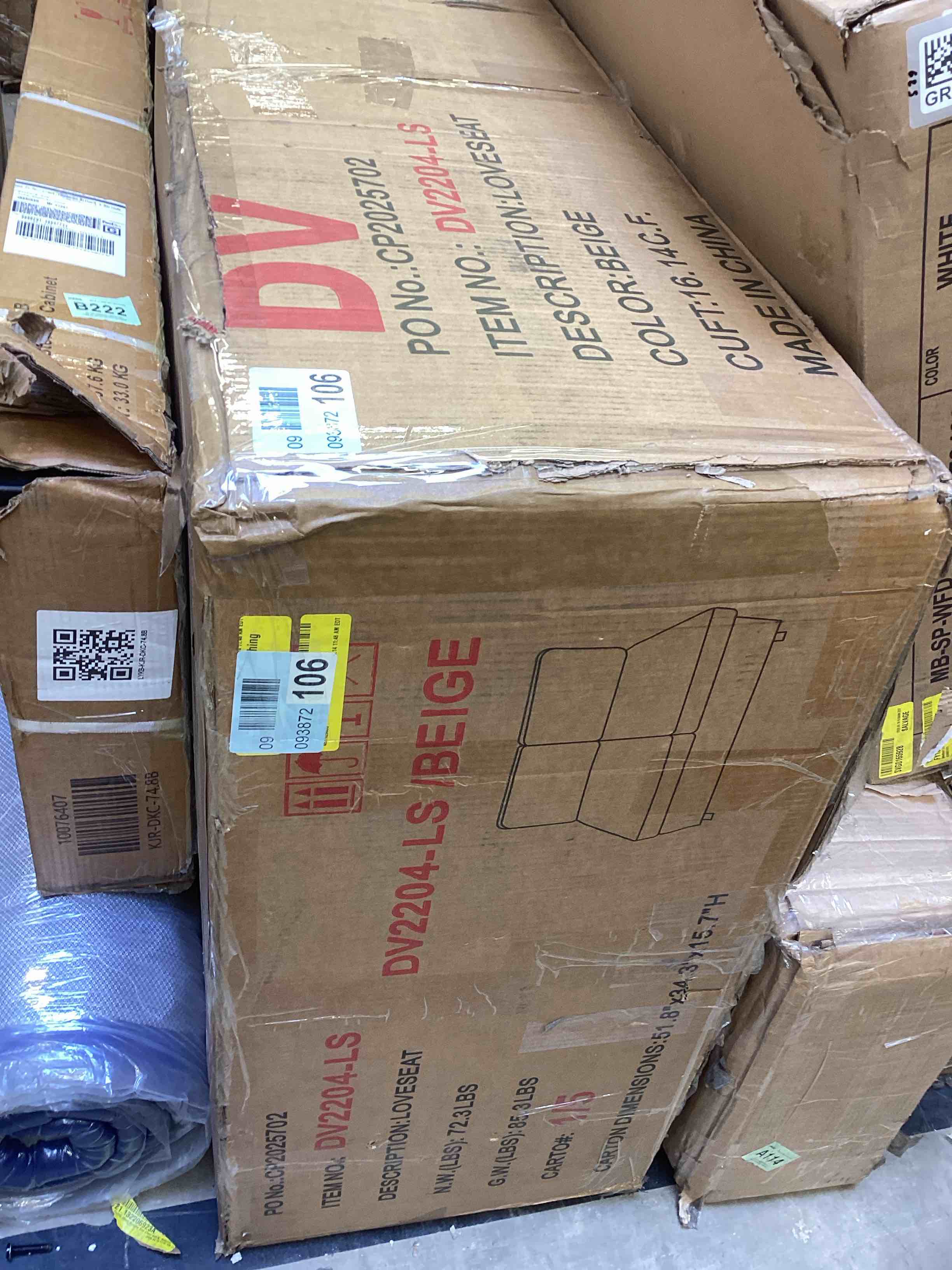 Condition photo showing As Is for white fabric modular armless loveseat