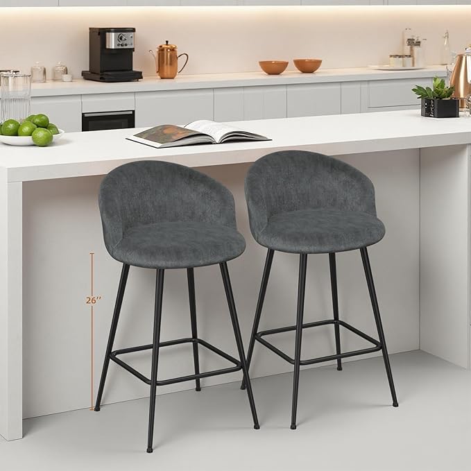 26" counter height barstools set of 2, upholstered bar stools with backs and metal legs, velvet barstools for kitchen island, home dining, pub, dark gray