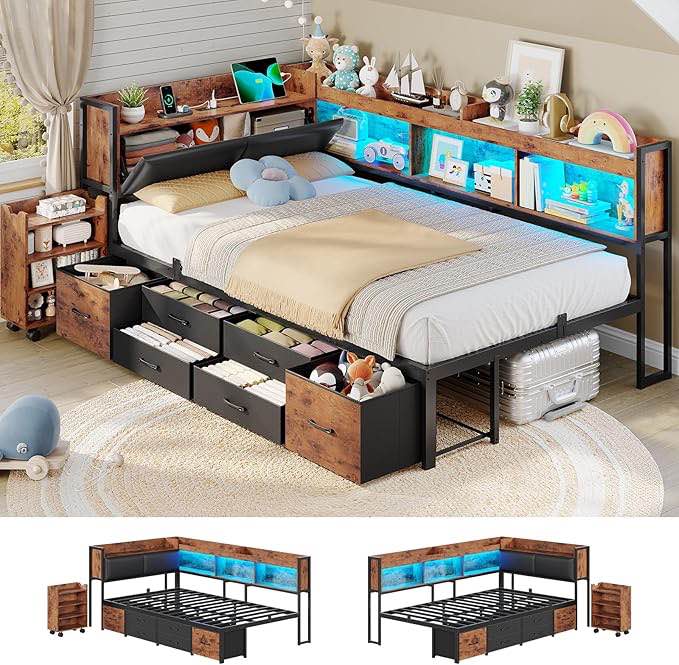 msmask 14 inch corner bed frame with pull-out cabinet, bookcase & headboad storage, twin led daybed with 6 drawers, charging station, twin size metal platform bed for kids teen, black & vintage brown. (box a of b only) 