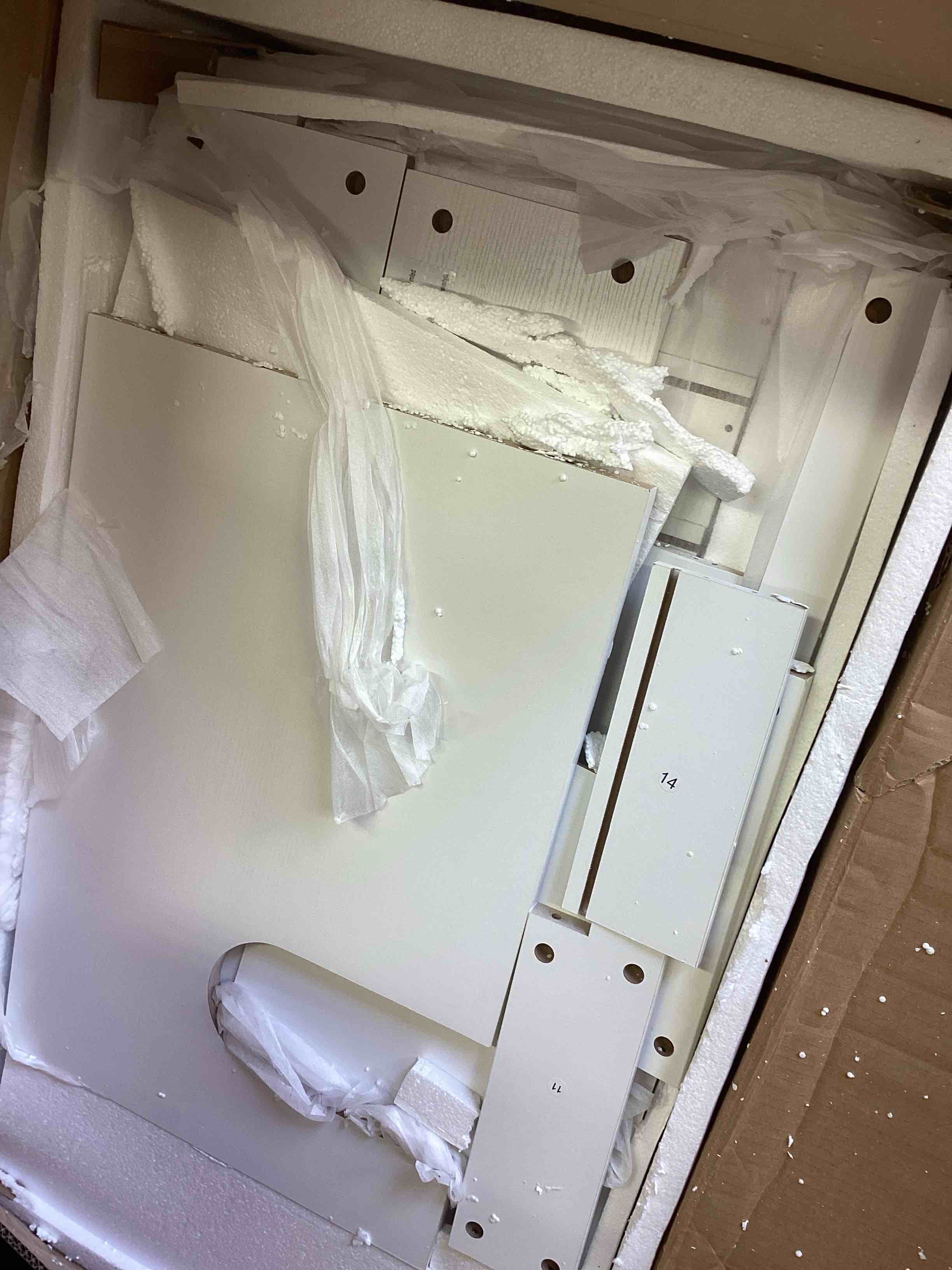 Condition photo showing As Is for 42" bathroom vanity with resin sink (do not included sink) 