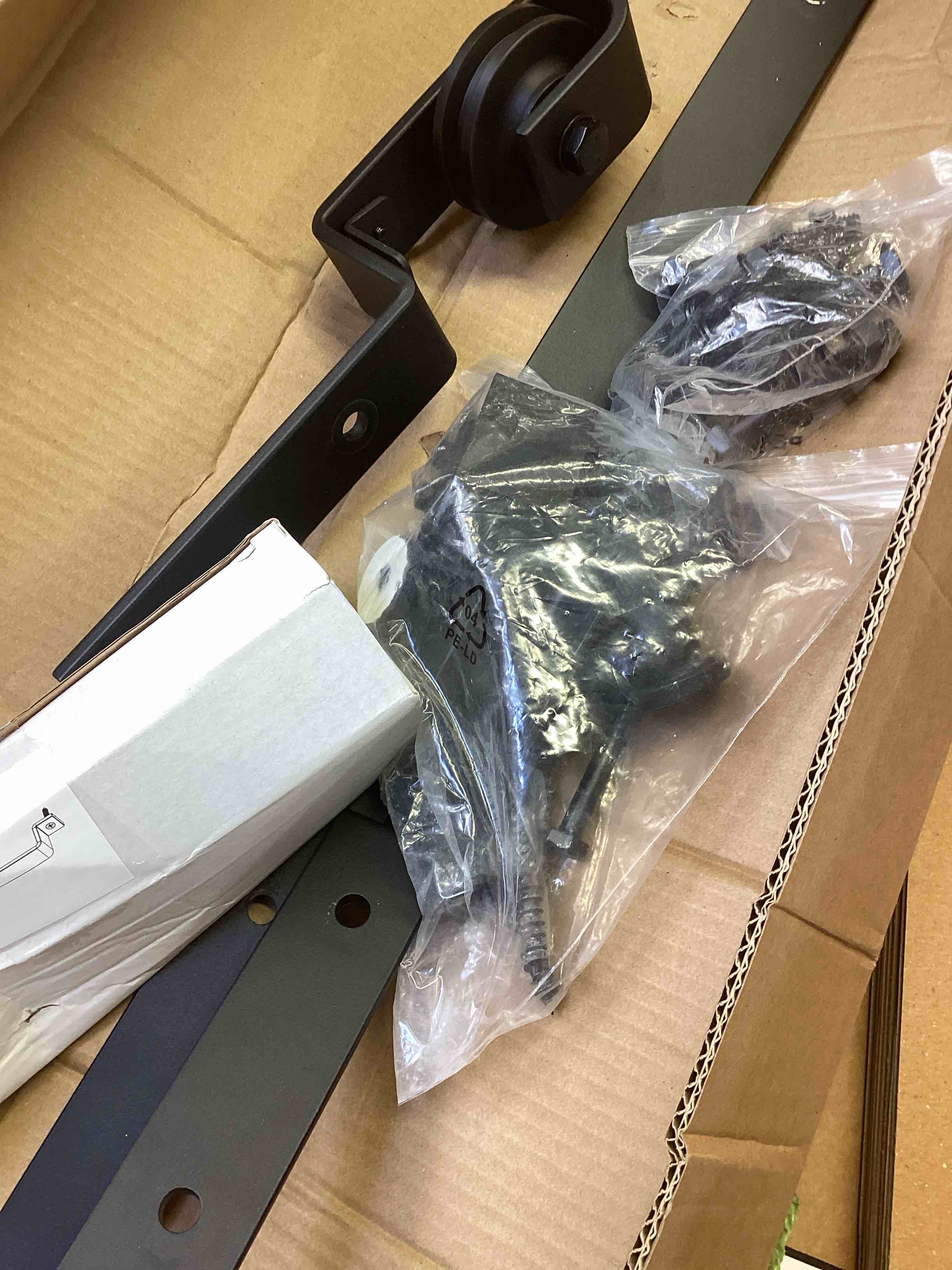 Condition photo showing As Is for yale expressions yale barn door flat track hardware kit with soft & close system black 