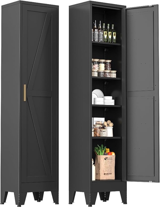 narrow bathroom cabinet, metal storage cabinet with 4 adjustable shelves and 2 barn doors,tall kitchen pantry for home office, dining room,black