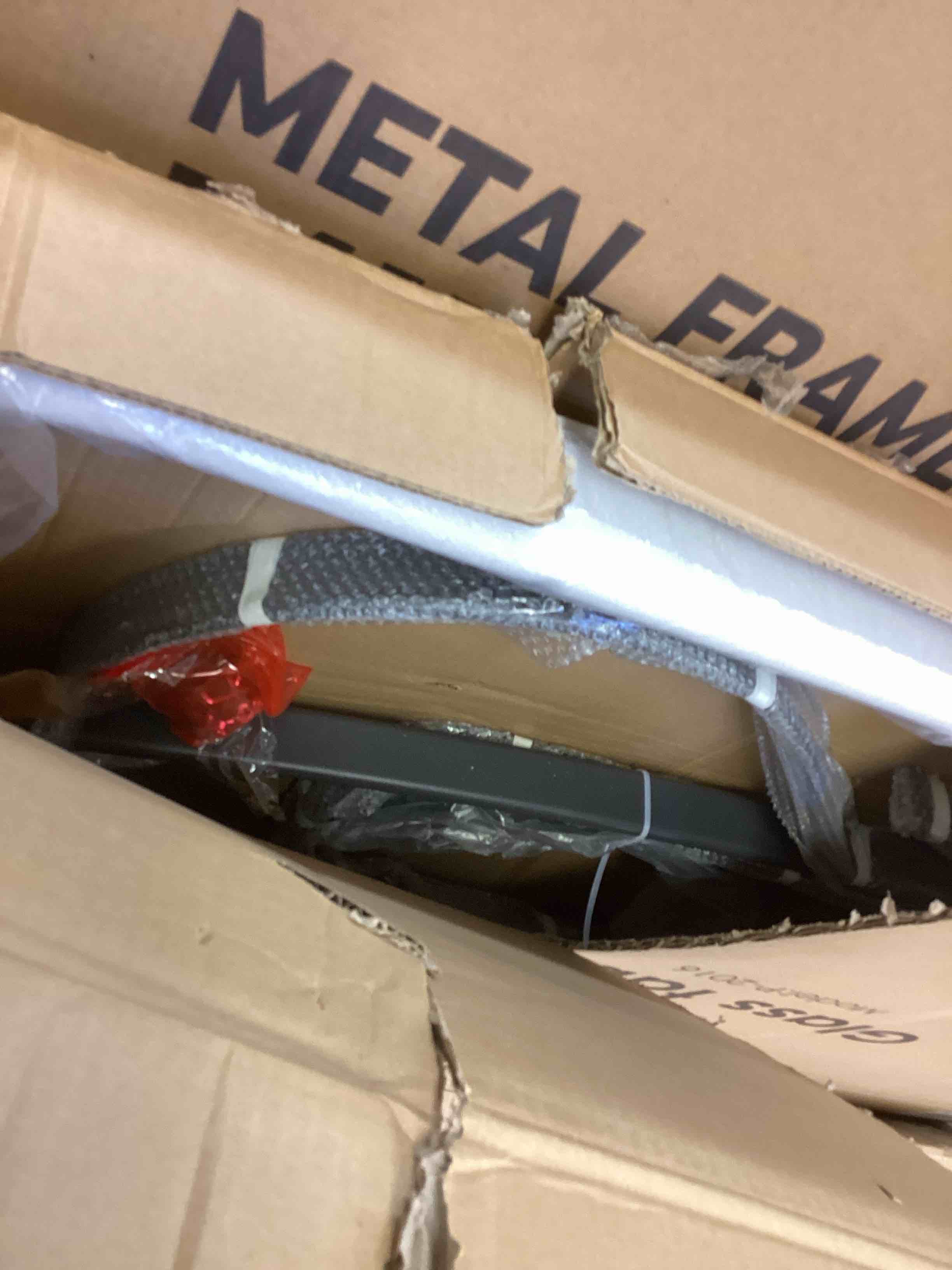 Condition photo showing As Is for flash furniture tlh-089-gg rectangular patio table w/ glass top & umbrella hole - metal base, black (glass broken , similar) 