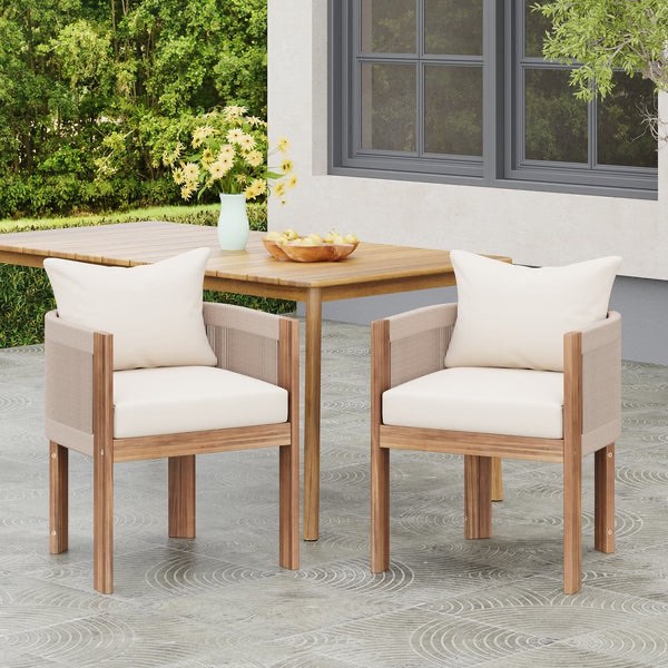 Matera Teak & Beige Dining Chairs Set Of 2 – Acacia Wood Frame, Rope Back, Removable Washable Cushions