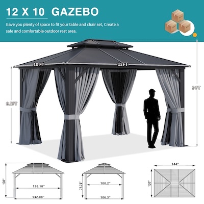  12-ft x 10-ft Gazebo Black Grill Gazebo with Hardtop Roof (Screen Included) (INCOMPLETE, ONLY one box to pickup )