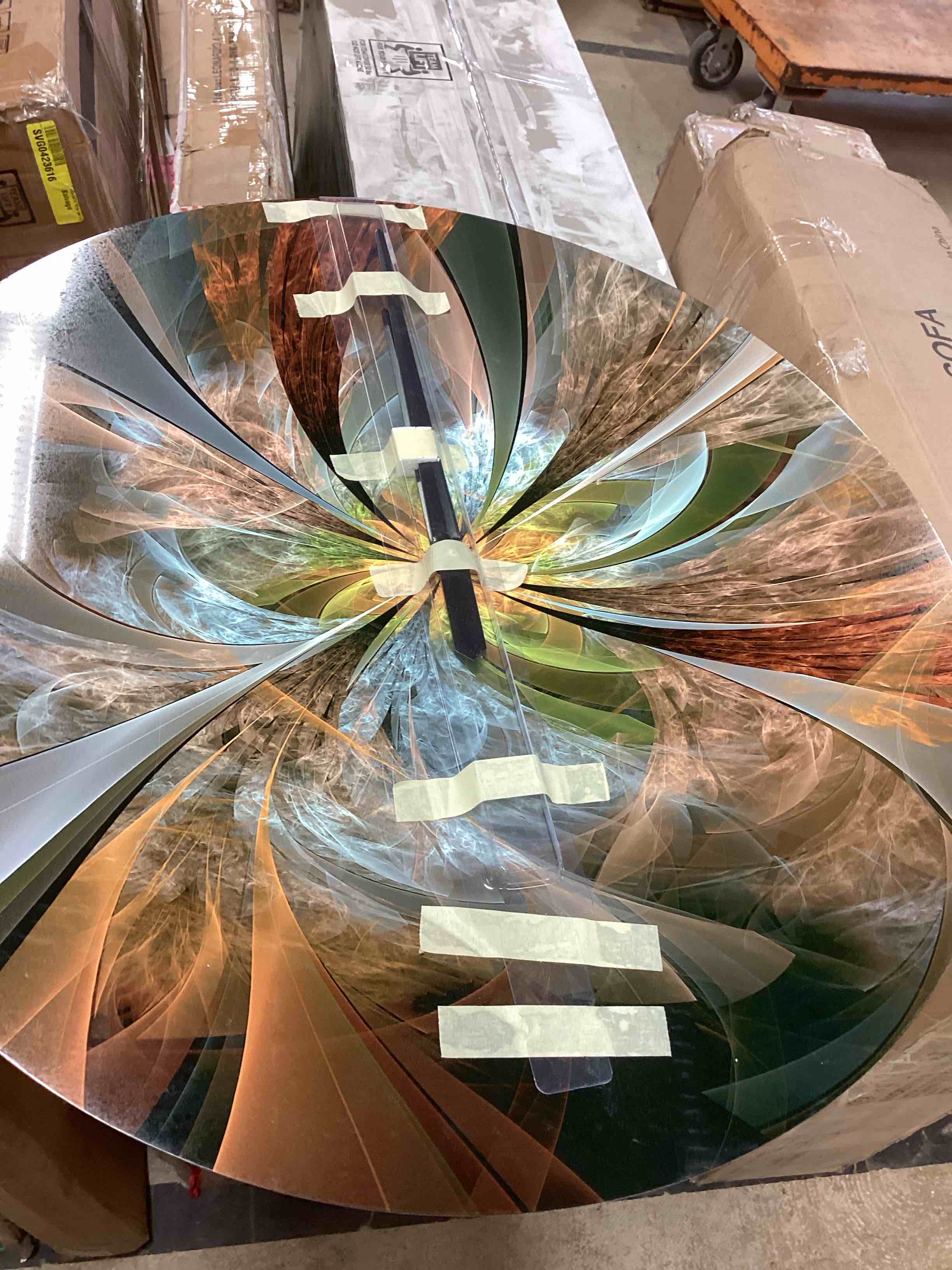 Condition photo showing New/Like New for design art yellow fractal flower modern metal wall clock, large 29 inches, oversized decorative clock for living room office decoration