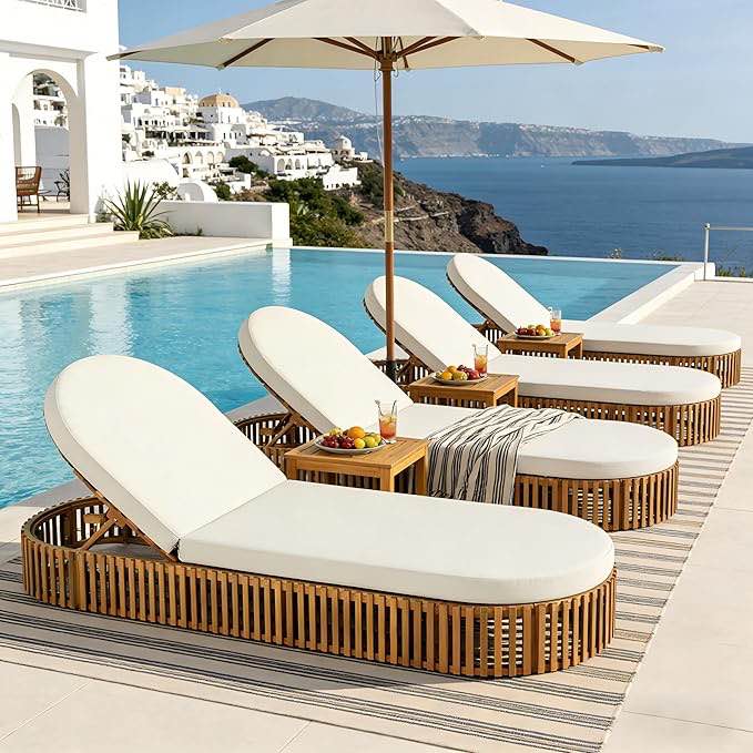merax acacia wood chaise lounge with curved cushion, outdoor sun lounger for patio, poolside and garden, teak finish wood recliner, 80.8" l, supports 300 lbs, cream (1-pack)