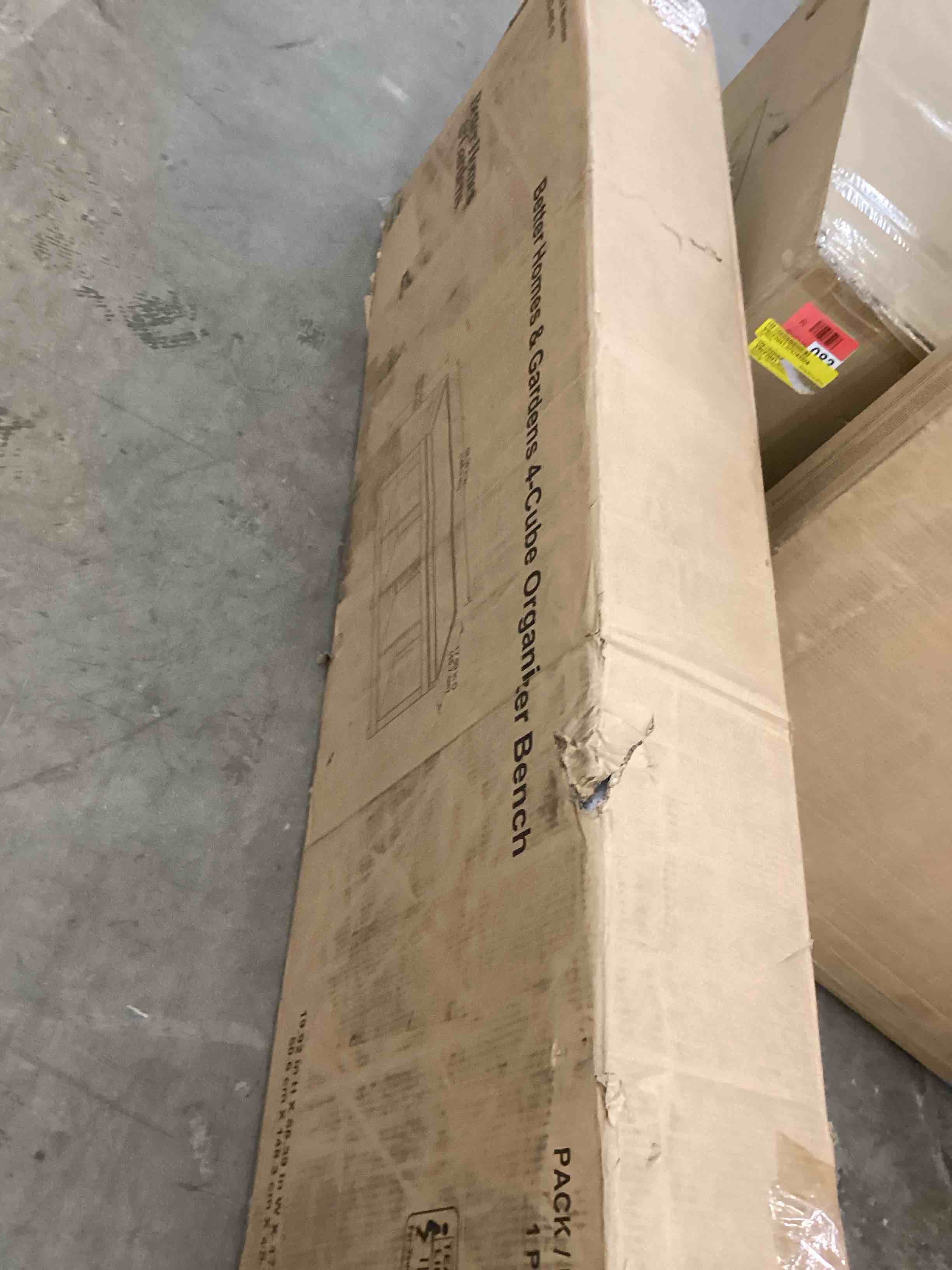 Condition photo showing New/Like New for 4-cube entryway wood storage bench with upholstered sitting cushion, rustic gray
