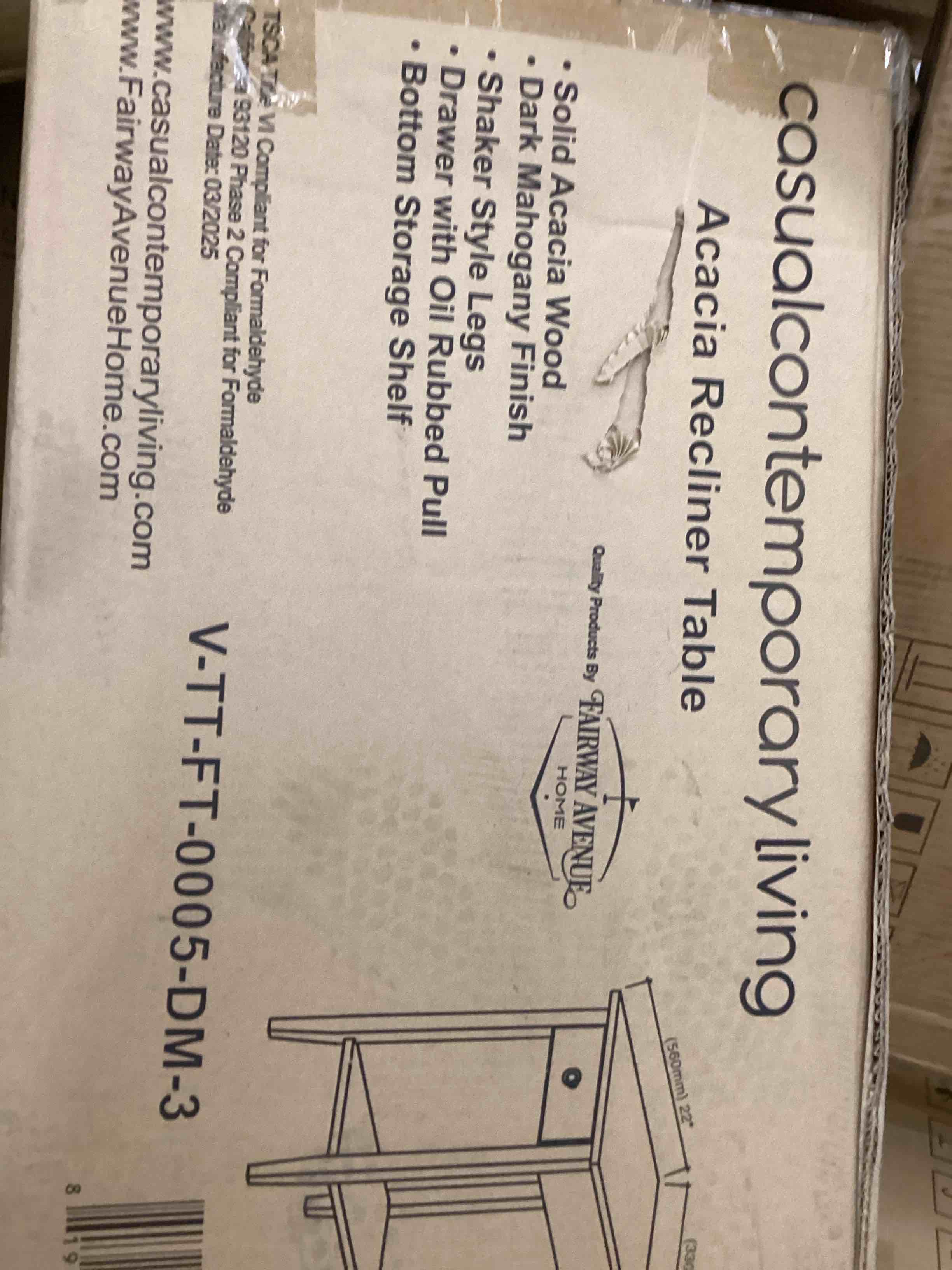 Condition photo showing New/Like New for casual contemporary living 2-tier solid acacia recliner table with drawer - mahogany