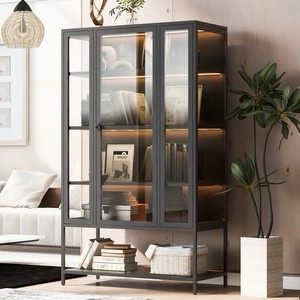 Black 67.25'' Tall Iron Display Cabinet Glass Door and LED Lights Steel Curio (INCOMPLETE ONLY one box to pickup ) 
