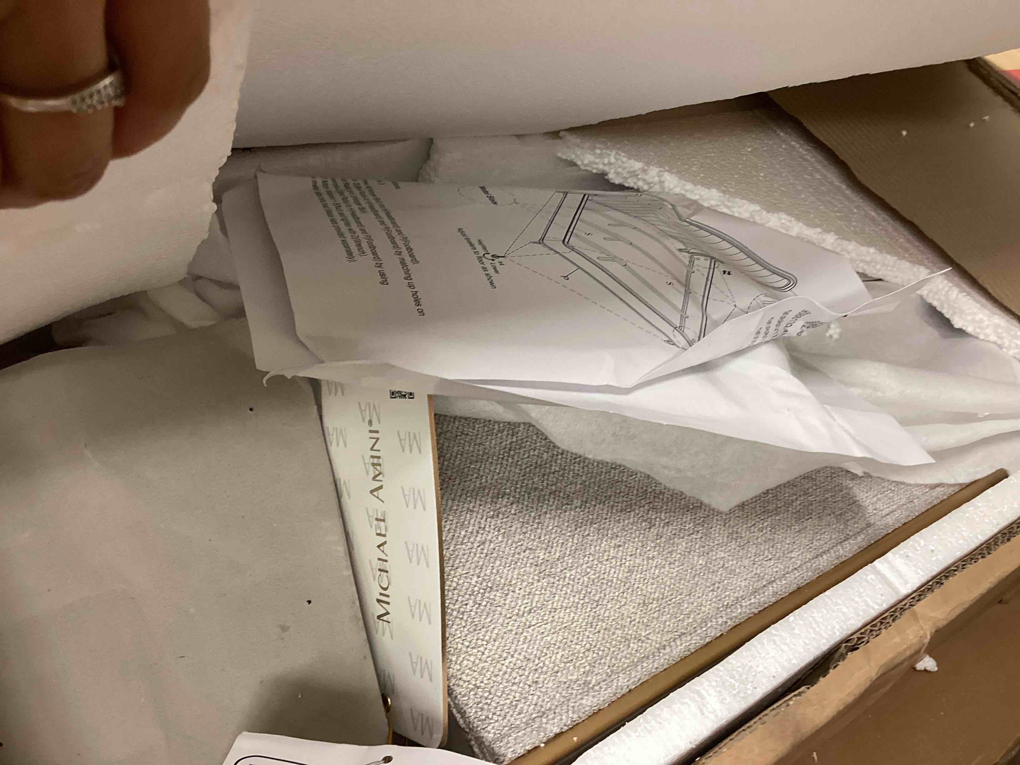 Condition photo showing Good Condition for aico furniture st.charles king upholstered bed in dove gray 9088000ek-803 (incomplete only one box only side rails/footboard panel))