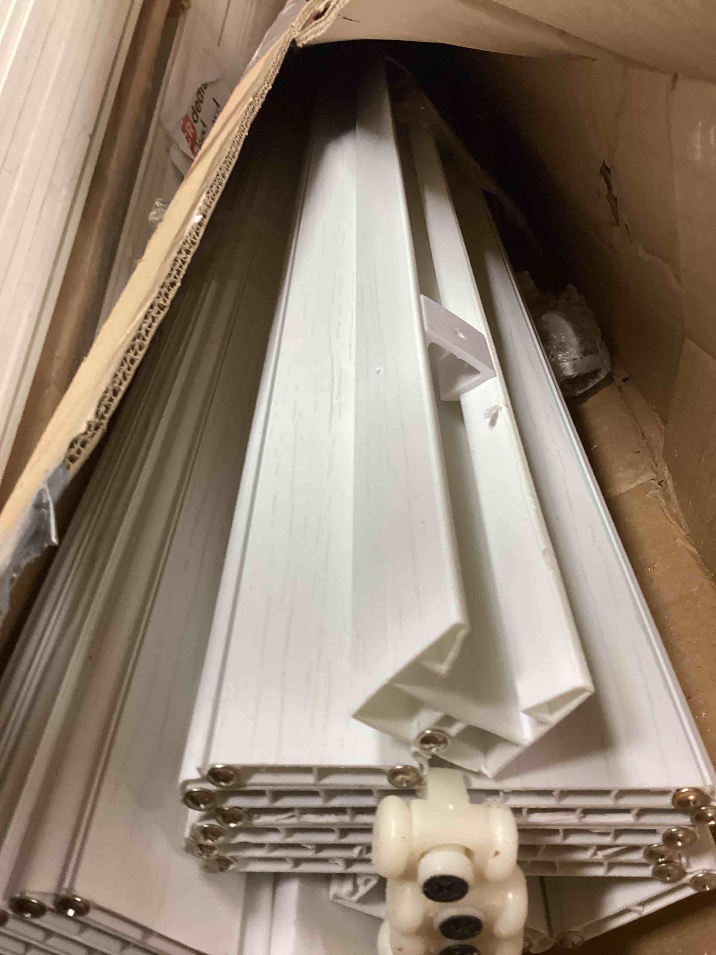 Condition photo showing As Is for diyhd 60x80in white interior pvc accordion door,bifold closet door,includes mounting hardware,handle,latch, close middle