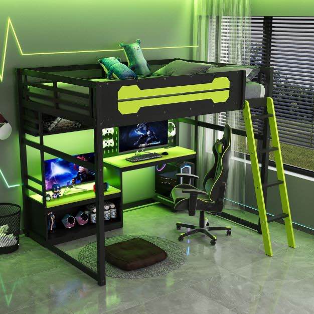 full size loft bed with desk & shelves, wood loft bed frame with led lights, usb ports & pegboard, green - modernluxe (pickup 2 boxes) 