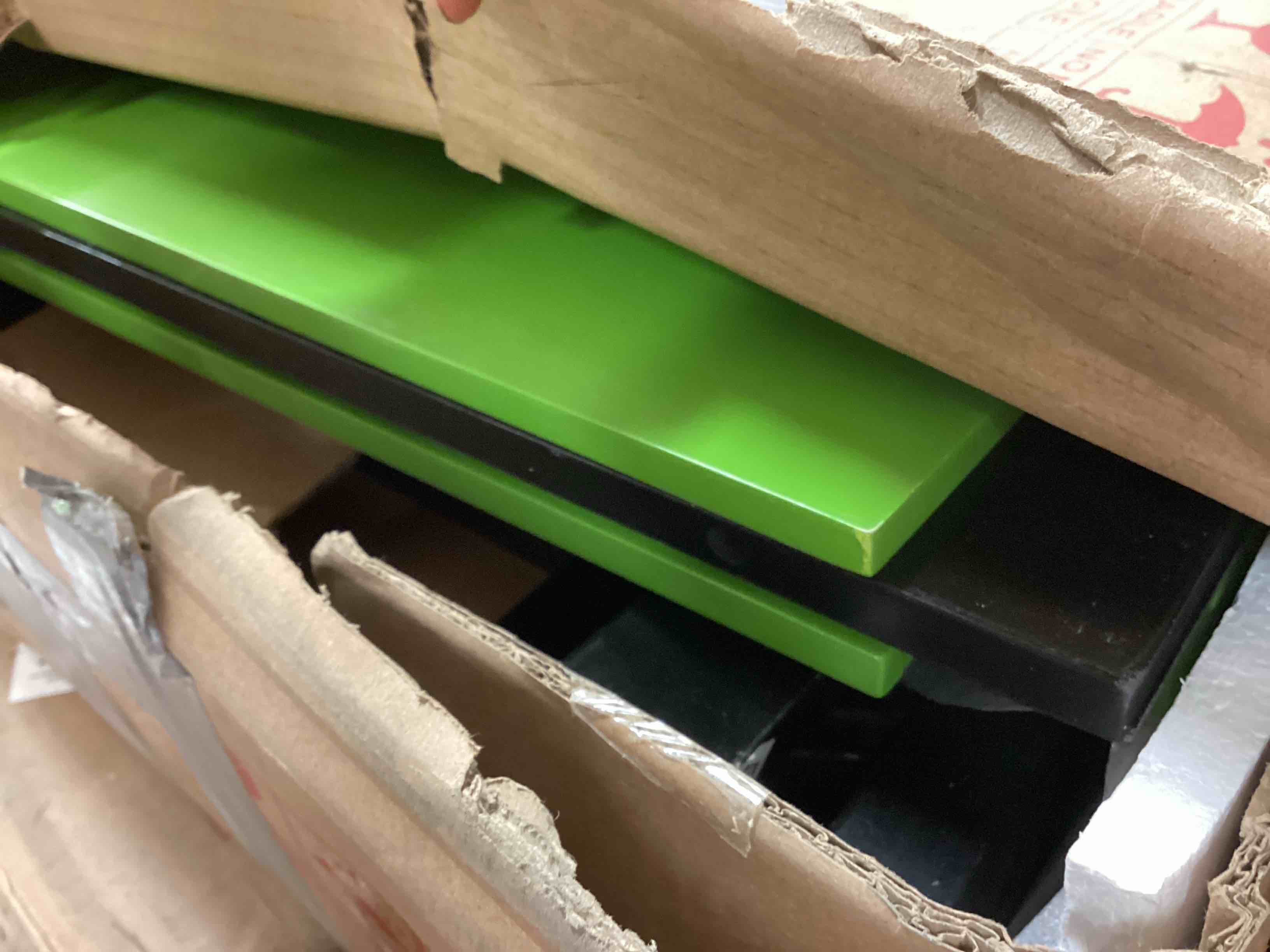 Condition photo showing As Is for full size loft bed with desk & shelves, wood loft bed frame with led lights, usb ports & pegboard, green - modernluxe (pickup 2 boxes) 