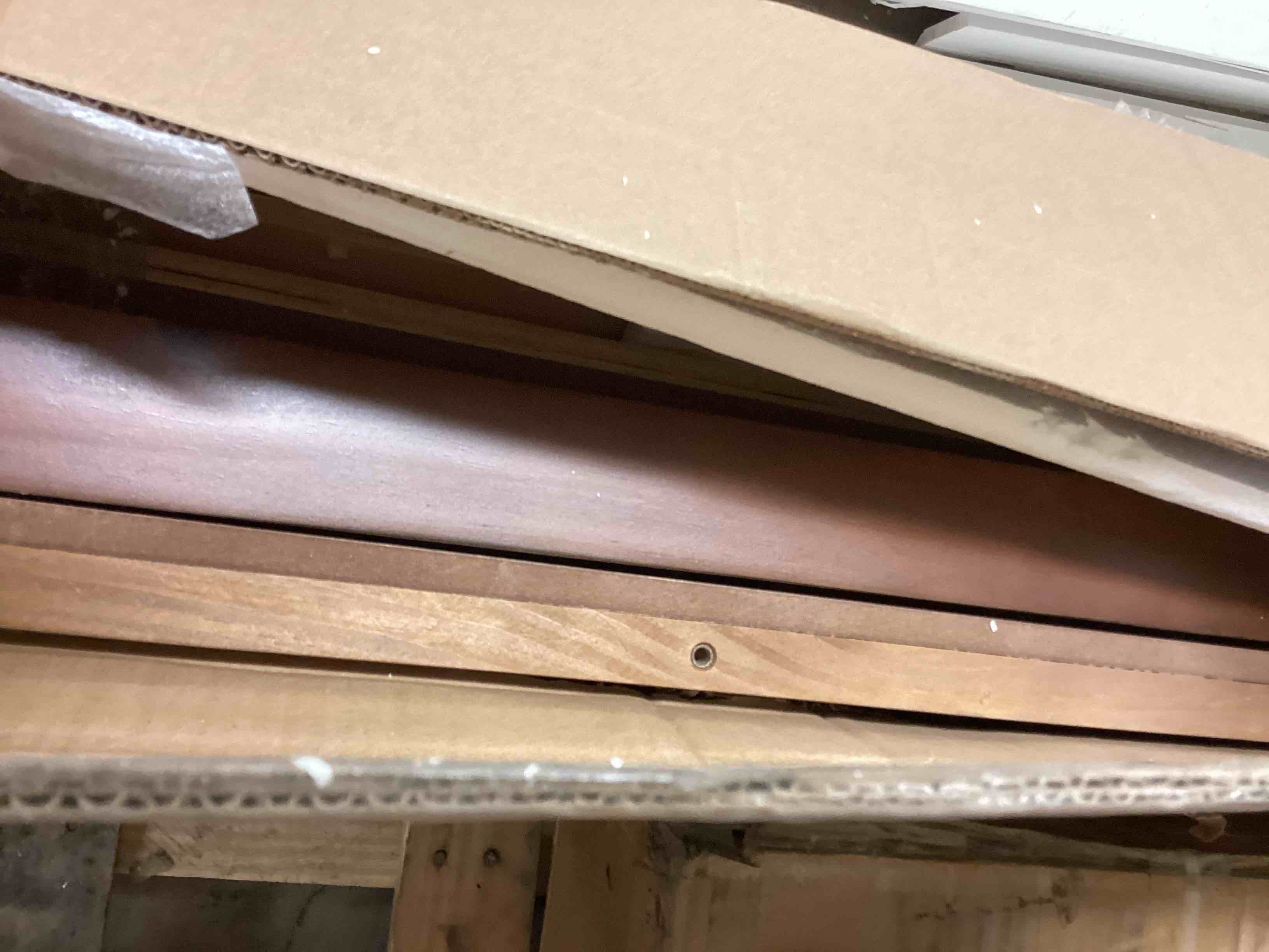 Condition photo showing As Is for pine solid wood queen size bed, solid and stable, no box spring needed, dark walnut color (incomplete only box #2 of 2)