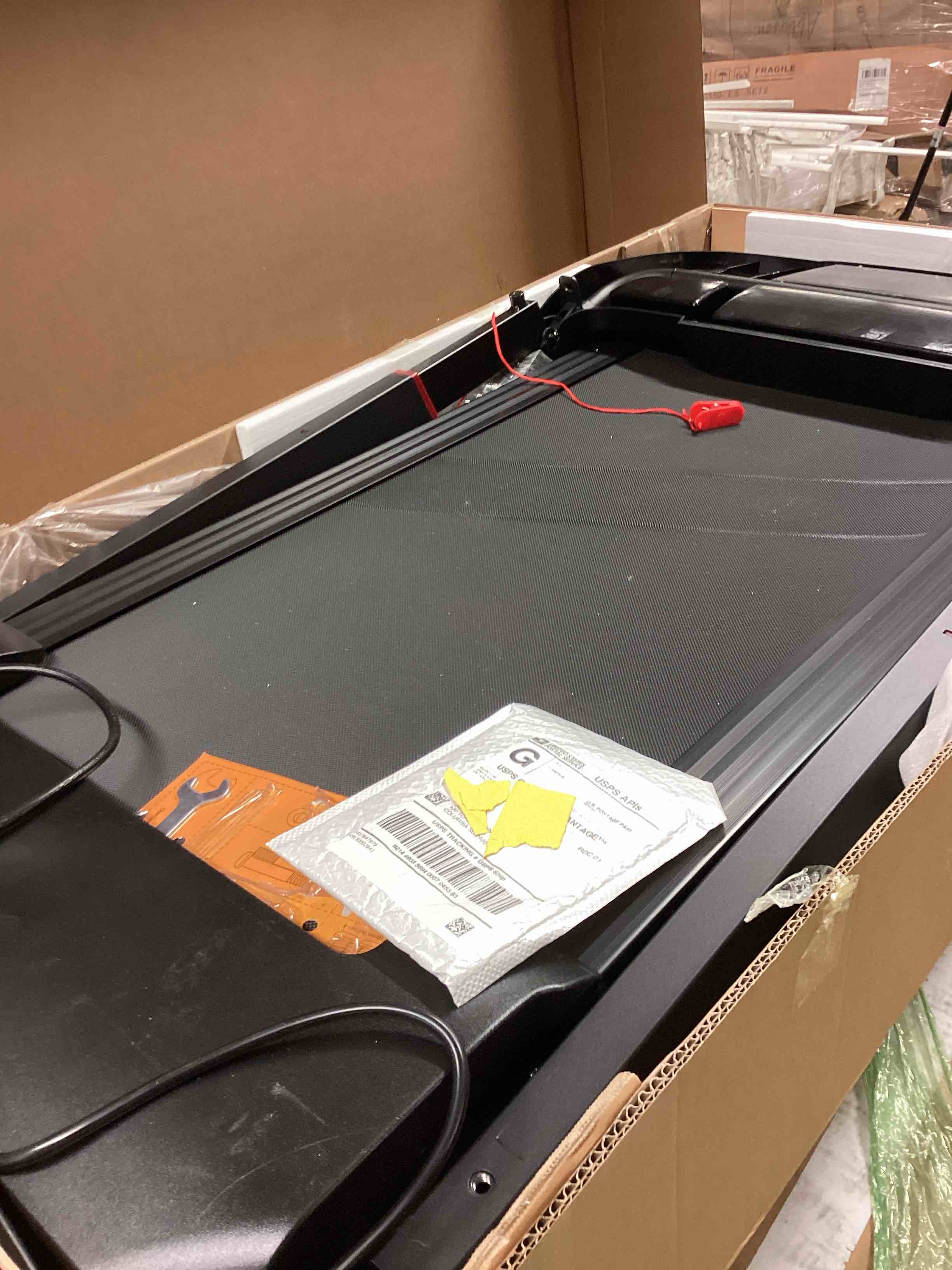 Condition photo showing As Is for redliro - foldable treadmill, 15% auto incline, 350lbs capacity, bluetooth, voice control, heart rate for home/office - black