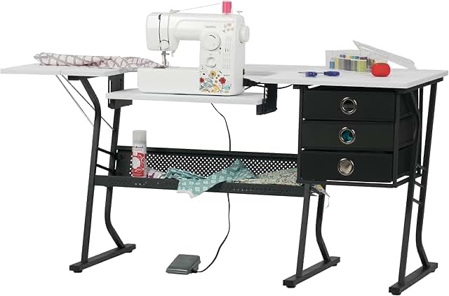 sew ready eclipse ultra hobby machine top storage drawers + large lower shelf-can also be used as computer desk sewing table, black/white