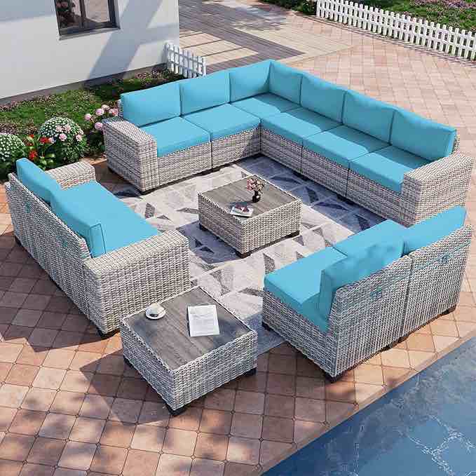 12 piece outdoor wicker sectional sofa set, 10-seats patio furniture conversation set with 4" thickened cushions & coffee table, all-weather pe rattan for garden, backyard, porch, turquoise ( incomplete 2 boxes of 5 only)