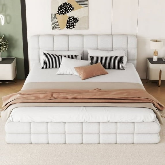 queen size upholstered platform bed, white (incomplete one box of two only)