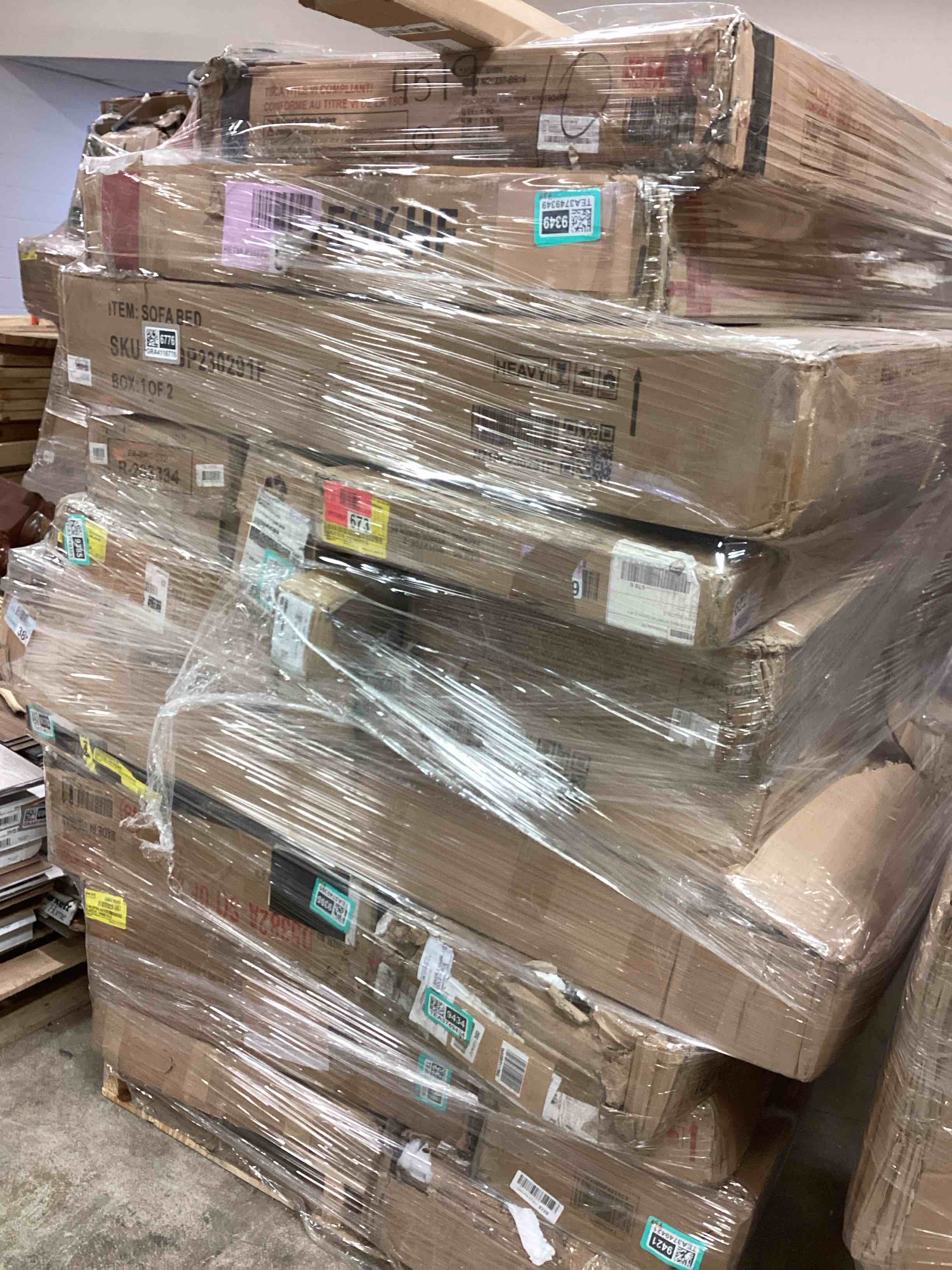 pallet lot miscellaneous items ( incomplete sofas , dining chairs, bed headboard, bed slats and more)