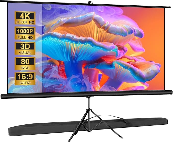 outdoor projector screen with stand tripod, indoor pull up portable projector screen, 80 inch 16:9 adjustable projection screen with carry bag for home theater backyard party movie nights
