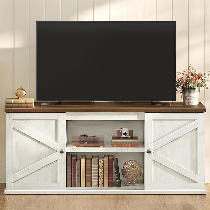 farmhouse tv stand for 65-inch tvs, entertainment center with sliding barn doors and 4 storage compartments, rustic white and brown