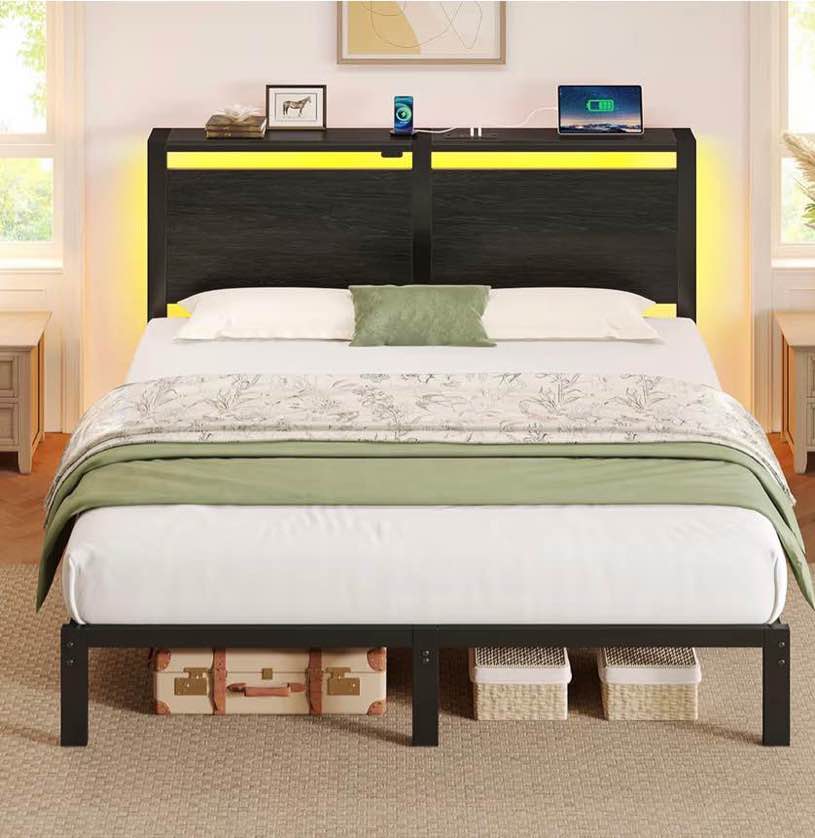 rolanstar full size bed frame with charging station, led full bed frame with wood storage headboard, platform bed with metal slats & under bed storage, no box spring needed, noise free, black  (incomplete one box of two only)
