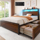 rolanstar queen bed frame with 4 storage drawers, charging station and led lights, metal platform bed with 2-tier storage headboard, no box spring needed, easy assembly, noise-free, walnut