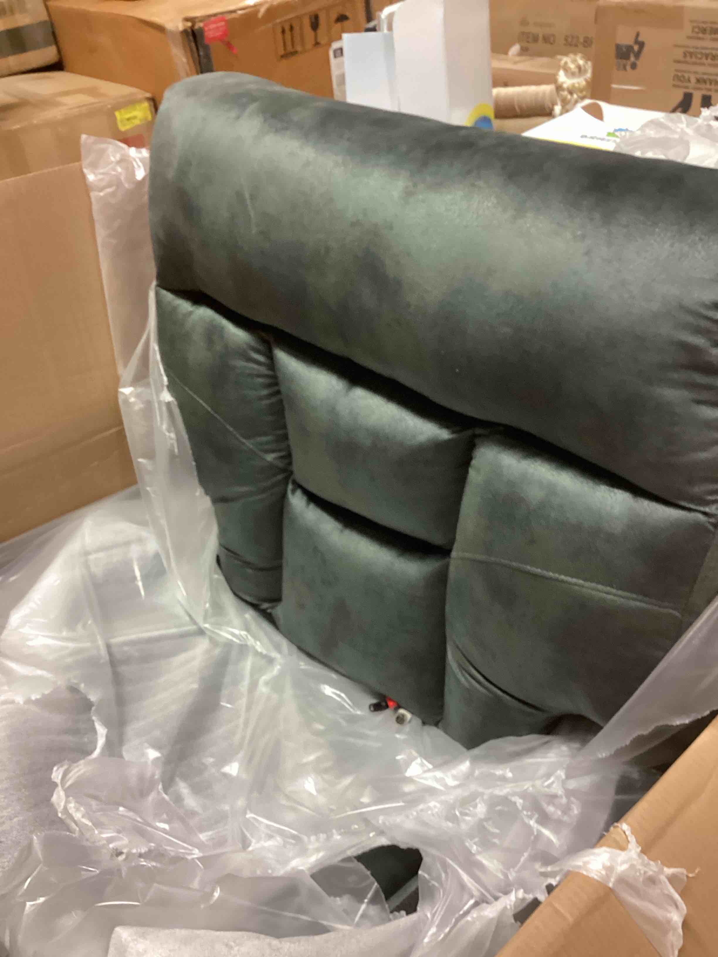 Condition photo showing New/Like New for large power lift recliner chair with massage and heat for elderly big and tall people, overstuffed wide recliners with 2 cup holders, side pocket and us& port, grey (model and color similar from stock photo)