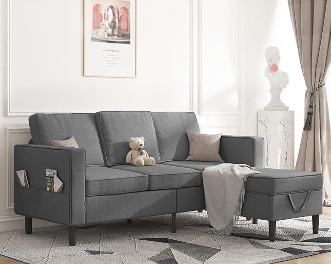 mjkone convertible sectional sofa couch, 3-seat l-shaped sofa with storage ottoman, wooden couch legs modern linen fabric reversible chaise for living room, studio, apartment- deep grey (incomplete one box only)