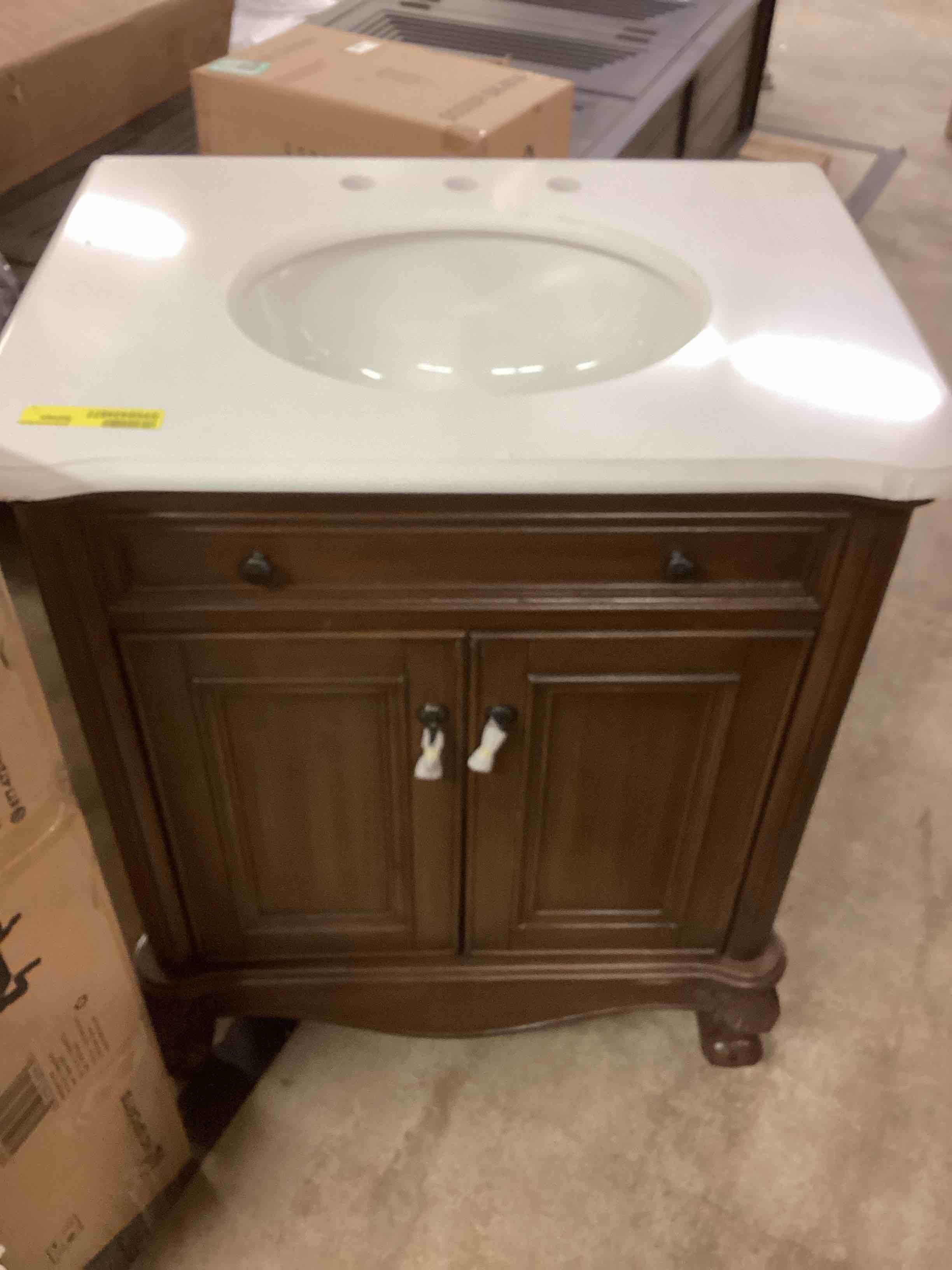 Condition photo showing As Is for elegant decor first impressions 30-in brown undermount single sink bathroom vanity with beige marble top