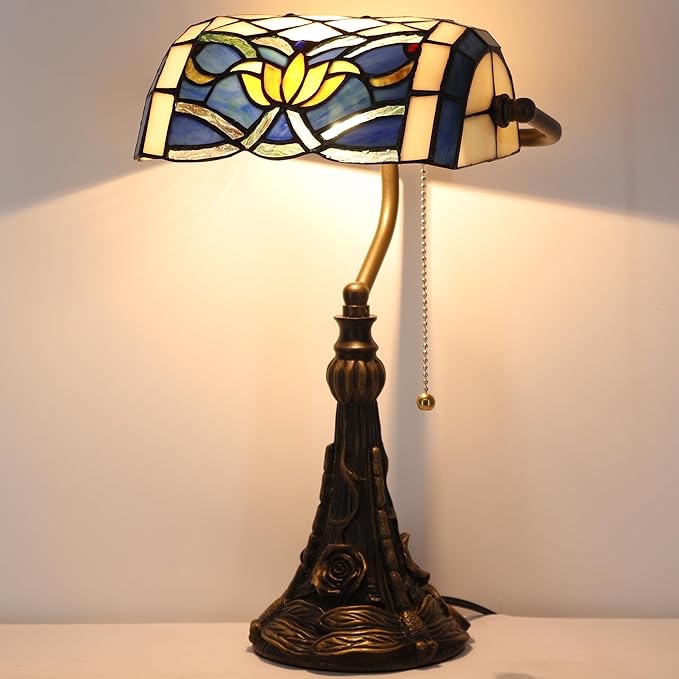 banker lamp tiffany - lotus style computer lamp, blue glass table lamp, 15 inch high adjustable memory piano lamp, small luxury lamp for living room and bedroom