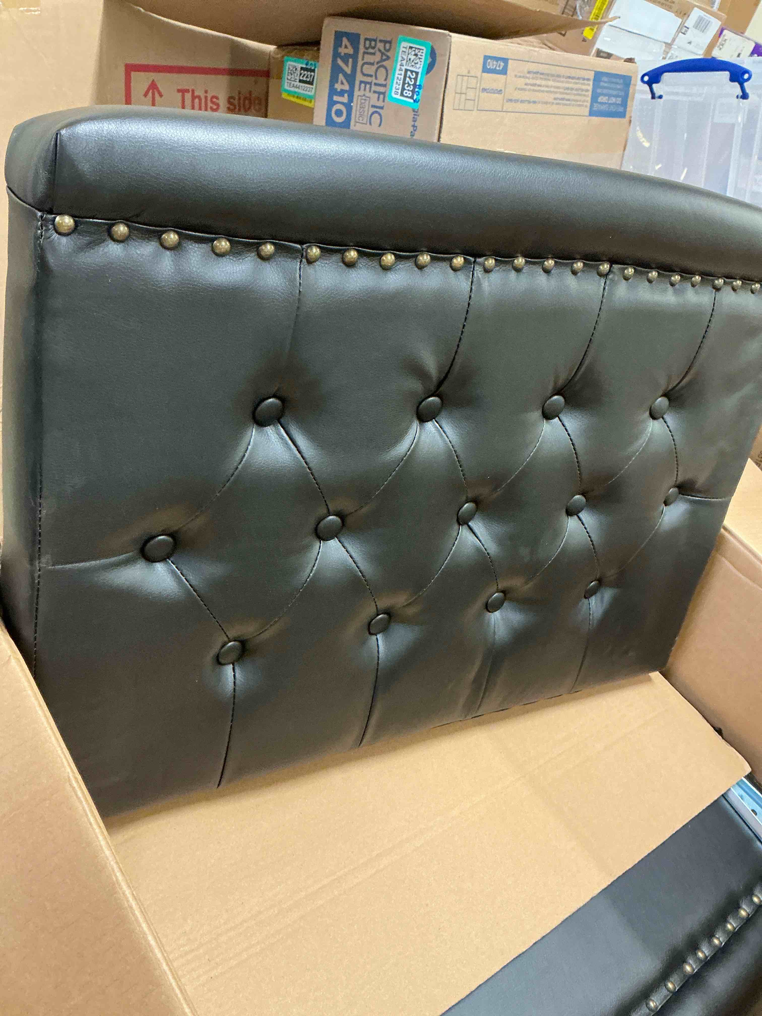 Condition photo showing As Is for irine - faux leather sectional sofa with ottoman (similar) (incomplete- arms and cushions only’)