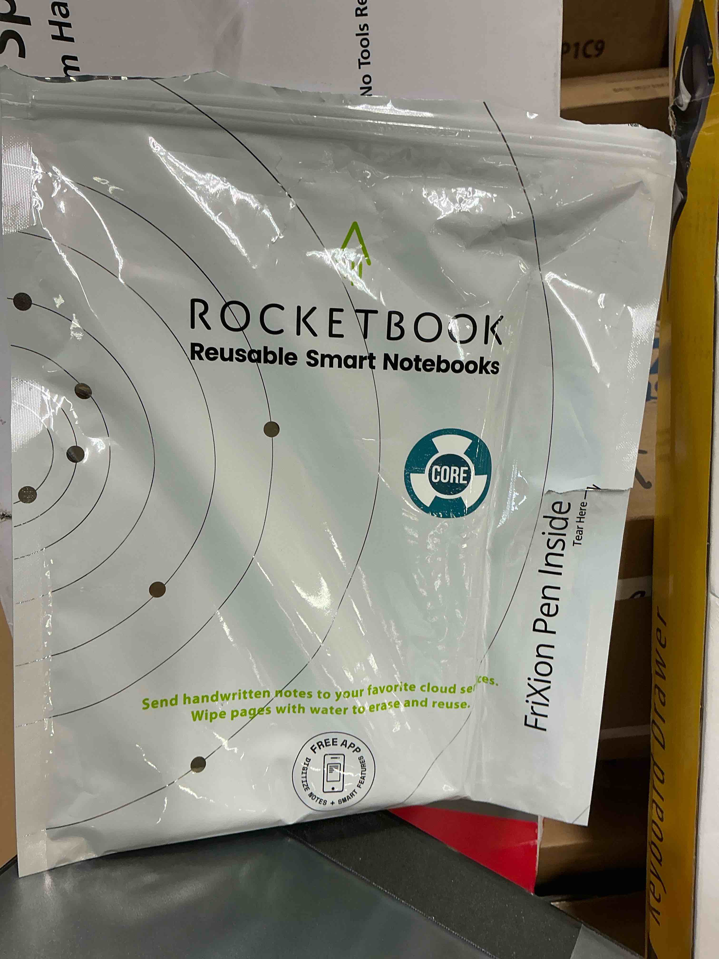 Condition photo showing New/Like New for rocketbook core reusable spiral notebook, executive size 6x8.8, black - lined pages, app-connected, erasable, durable cover, ideal for school, work, and creative projects