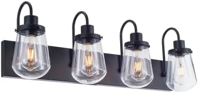 4-light matte black bathroom vanity light, clear glass shade, e26 bulb wall lamp for bathroom, living room, bedroom, hallway, modern indoor design