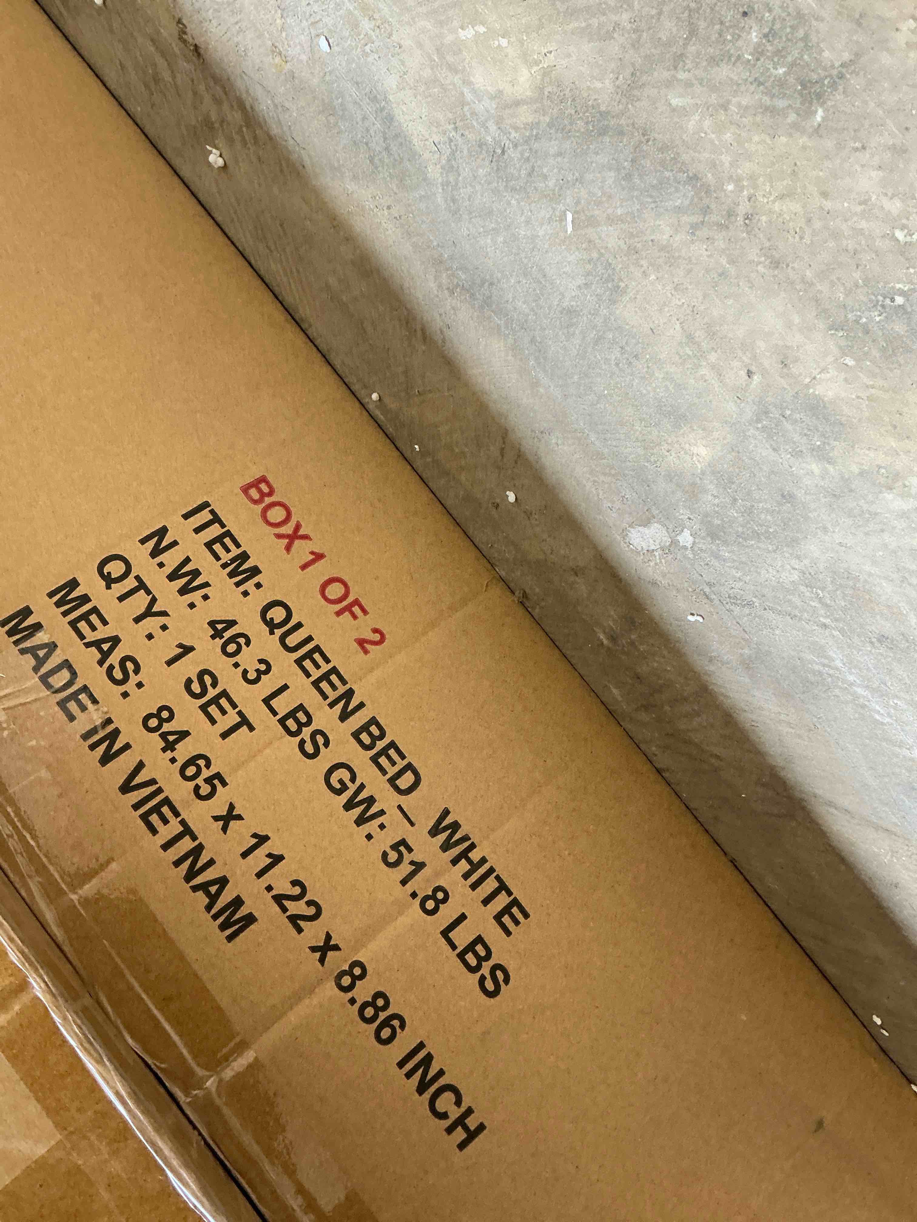 Condition photo showing Good Condition for queen size upholstered platform bed, white (box 1 of 2 only) incomplete (box #1 only)
