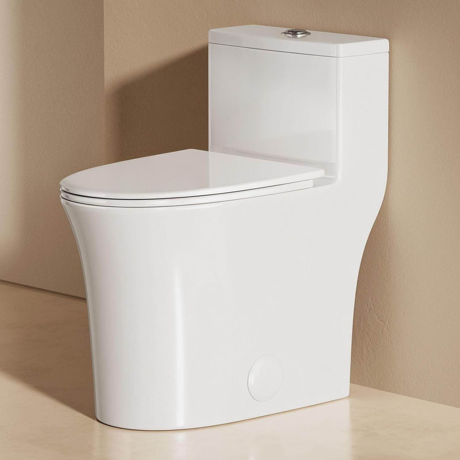 One Piece Sleek Modern Toilet, ADA Chair Seat Height 17", Dual Flush 0.9/1.28 GPF, MAP 1000g, 12" Rough-In, Compact Fully Skirted Round Toilet for Bathrooms Soft Close Seat
