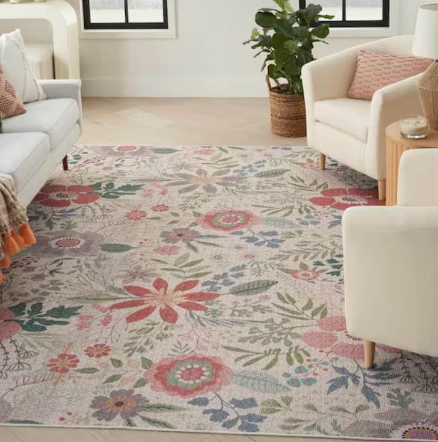 Washables Cream Multicolor Botanical Traditional Area Rug (similar)