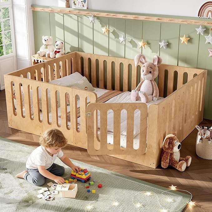 Queen Size Floor Bed with High Fence for Kids, Solid Wood Kids Montessori Bed with Door, Low-Profile and No Box Spring Needed Design, Natural.