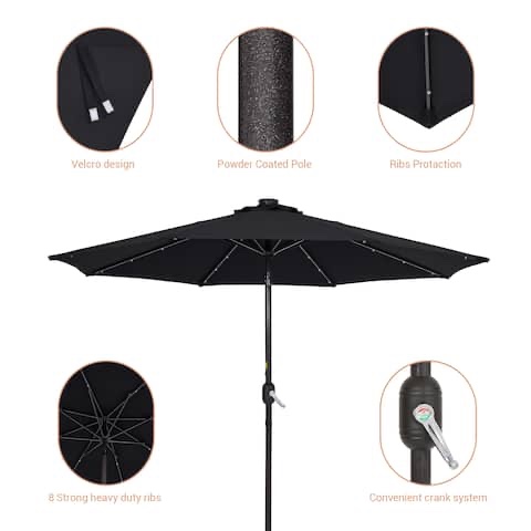 LIVOOSUN LED 9ft Patio Umbrella Market Umbrella Steel Tilt w/Crank - Black