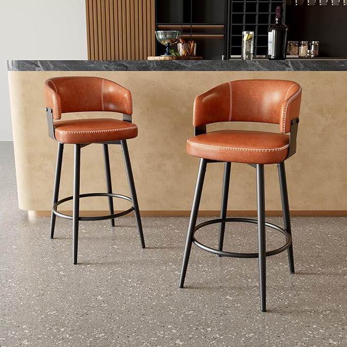 Bar Stools Set of 2, 30" Swivel Bar Height Bar Stools with Curved Back, Mid-Century Modern Faux Leather Bar Chairs with Stitching for Kitchen Island, Dining, Living Room, Vintage Brown