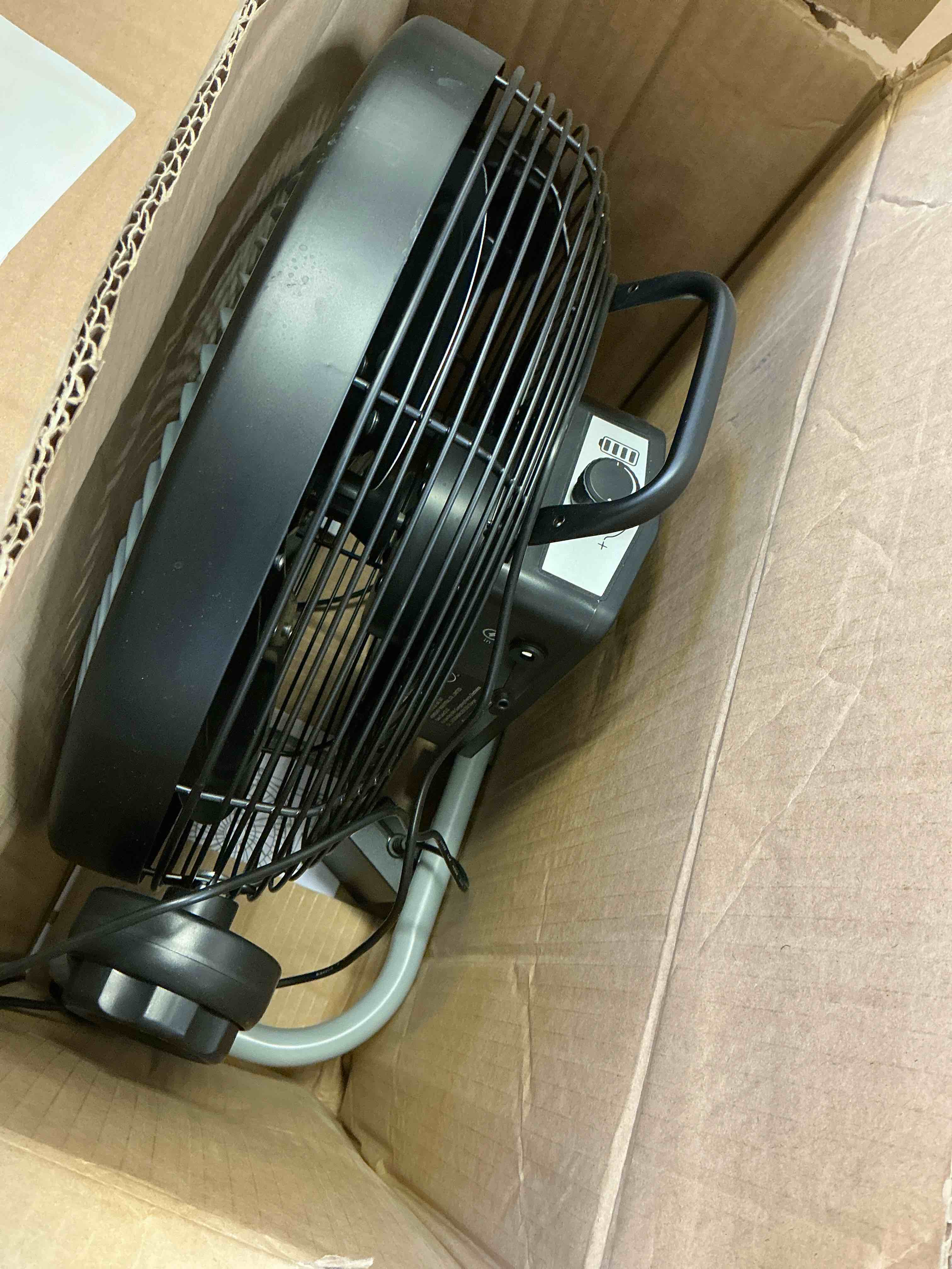 Condition photo showing Good Condition for geek aire 12" portable battery operated fan with metal blade, 360 vertical tilt, 24h run time cordless fan for camping , (***grey and black color***)