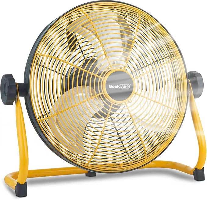 geek aire 12" portable battery operated fan with metal blade, 360 vertical tilt, 24h run time cordless fan for camping , (***grey and black color***)