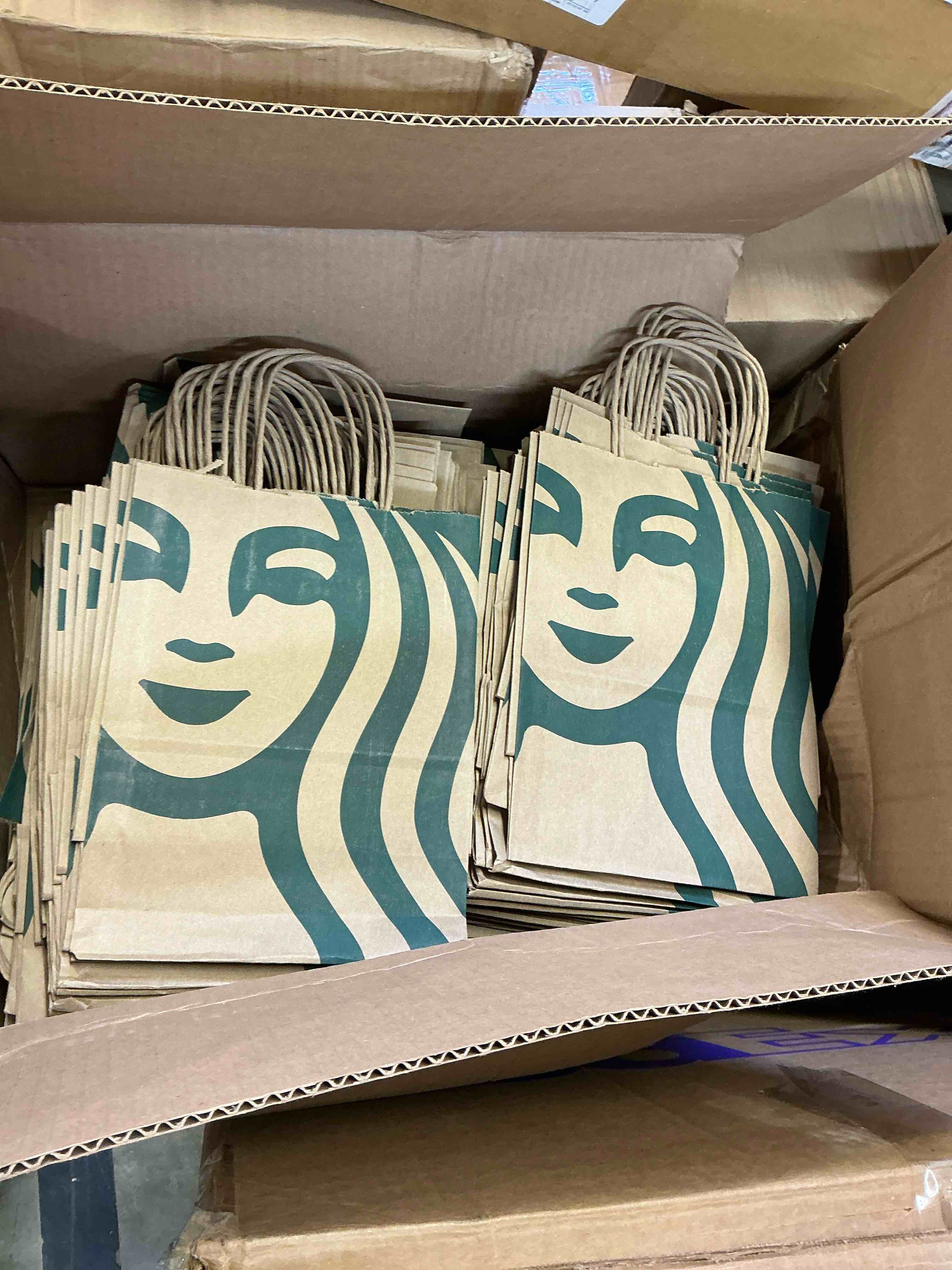 Condition photo showing Good Condition for starbucks 100 recycled brown paper shopping lunch gift bags w/ handles