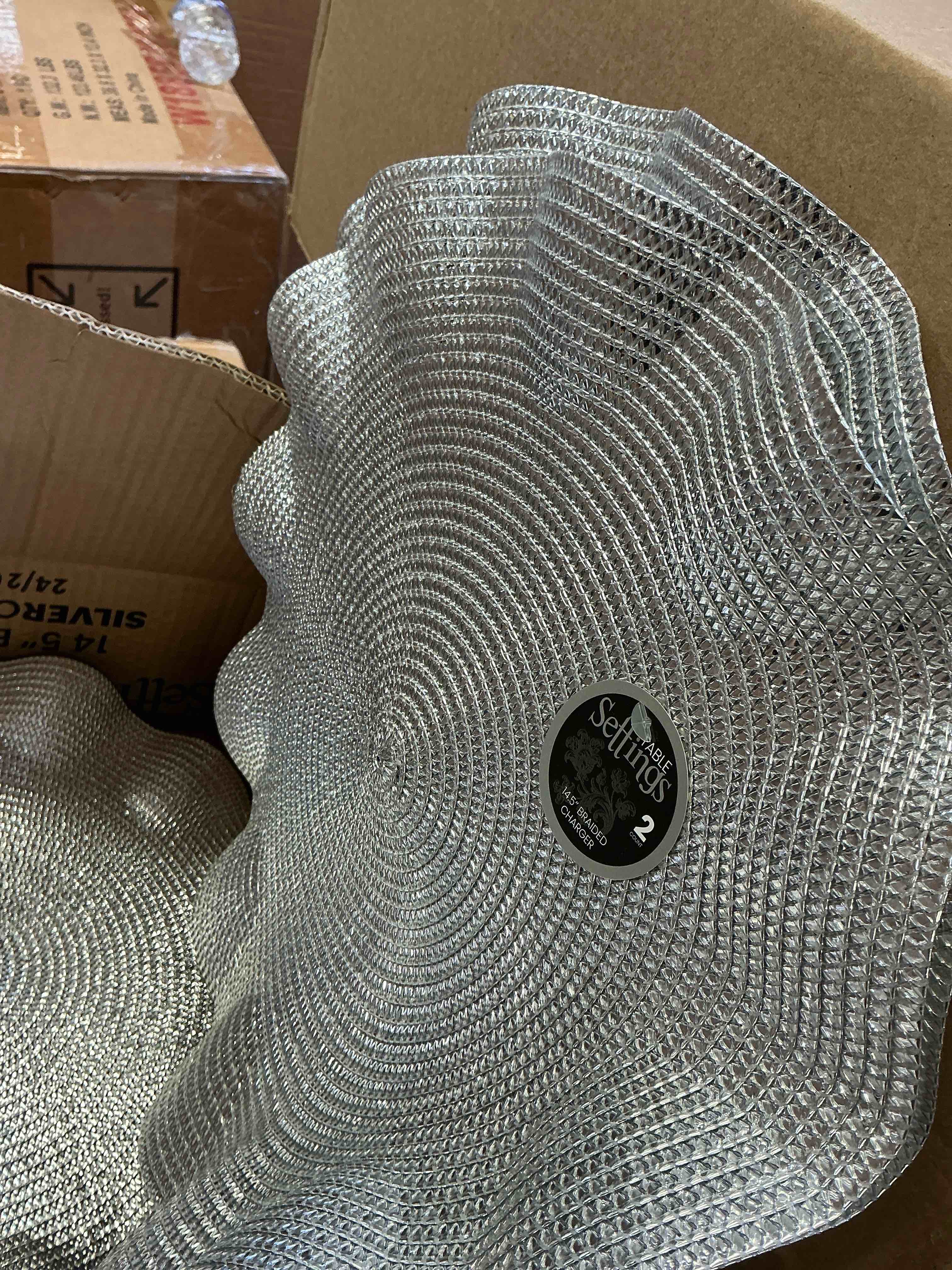 Condition photo showing New/Like New for silver plastic braided chargers 14.5?  (48pcs)