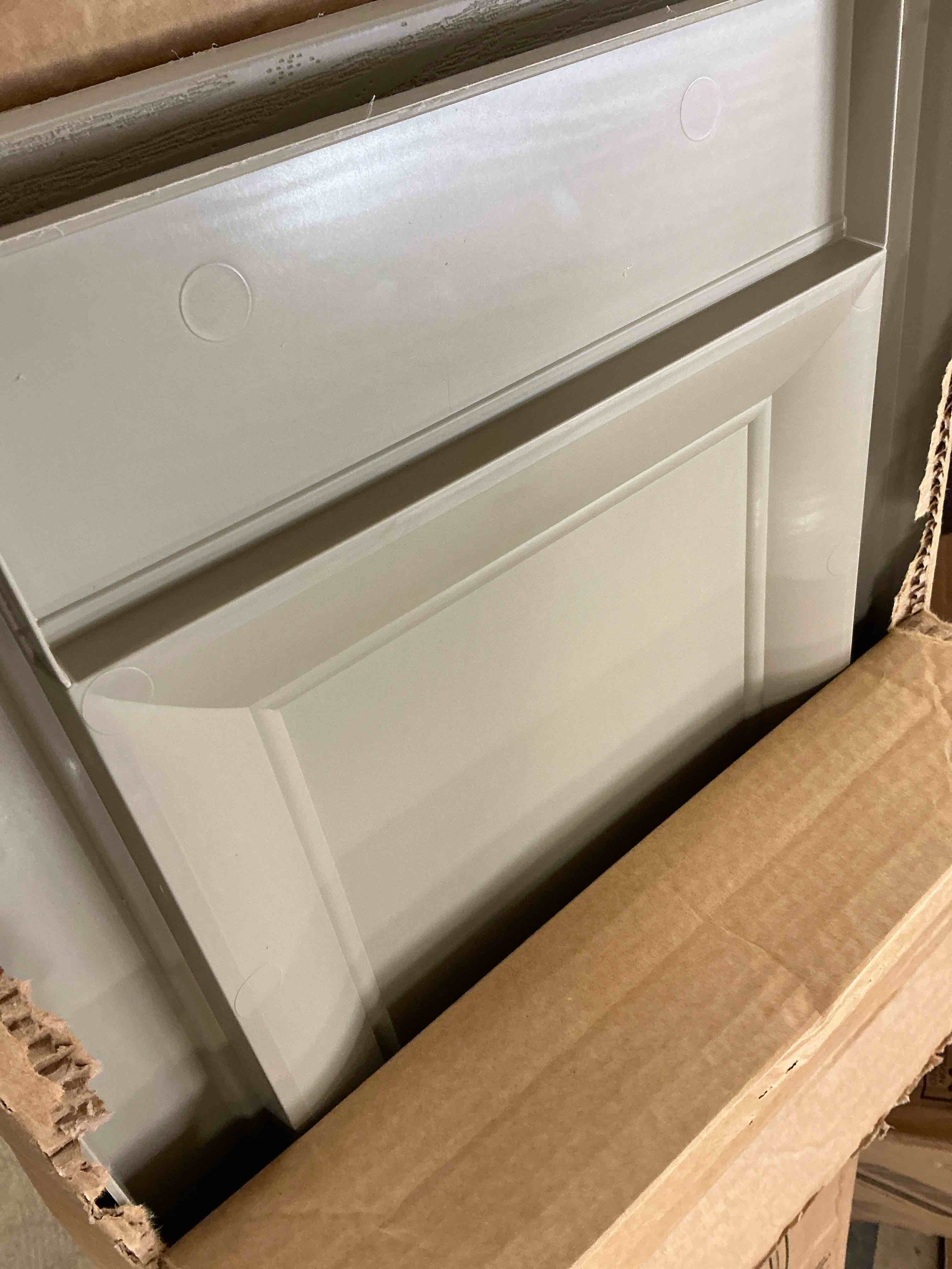 Condition photo showing Good Condition for builders edge 14- 3/4 x 59 . raised panel vinyl shutters