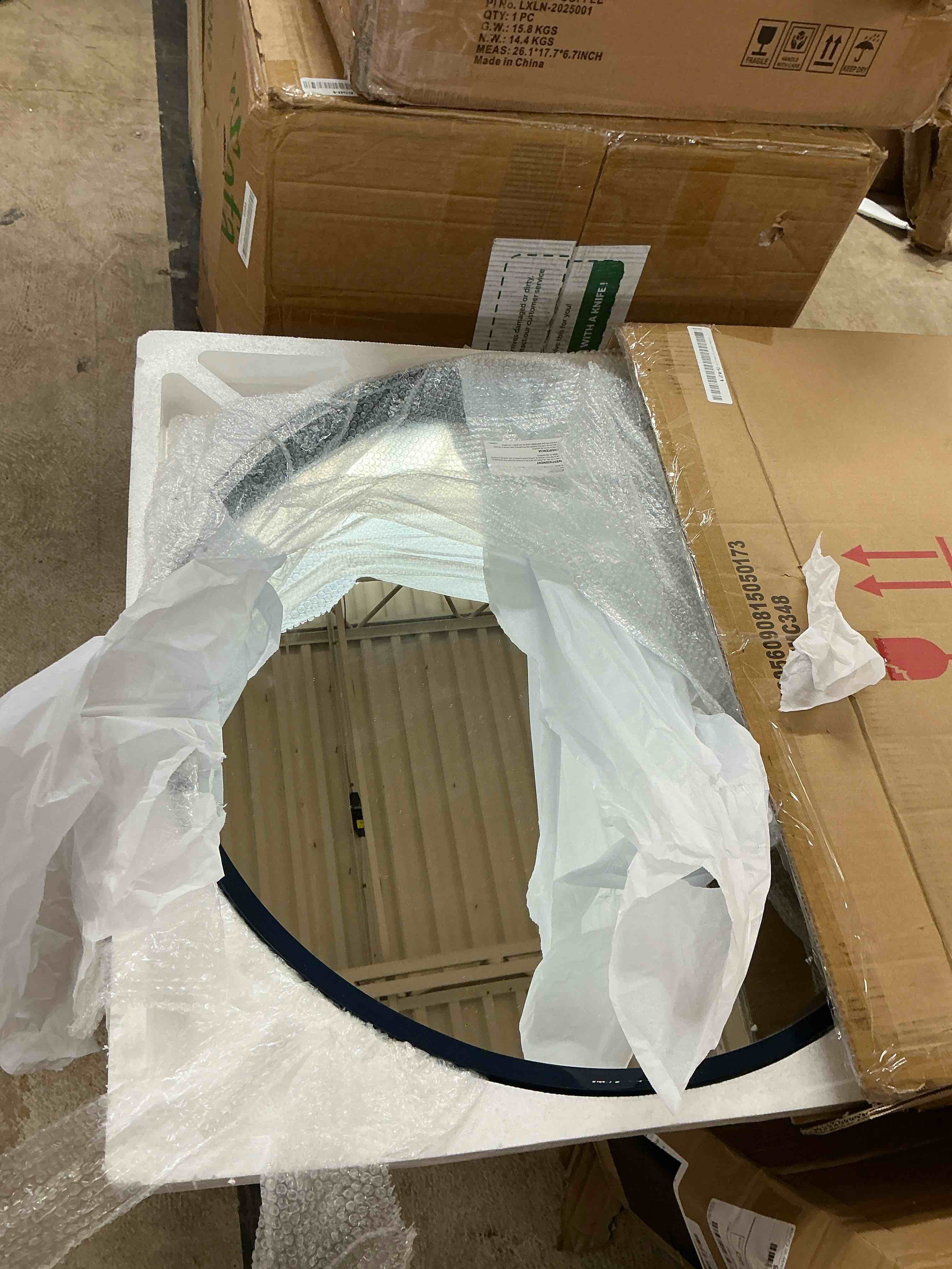 Condition photo showing New/Like New for kate and laurel travis round wood wall mirror, 25.6" diameter, navy blue, modern wall décor accent